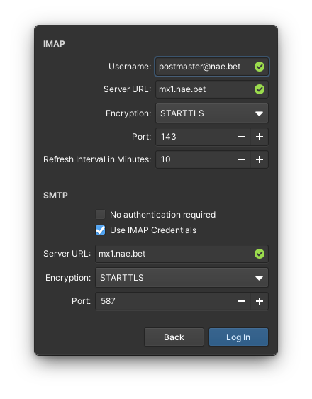 Картинка с Mail App, где нужно сменить Encryption на StartTLS и поменять Server URL на mx1.nae.bet