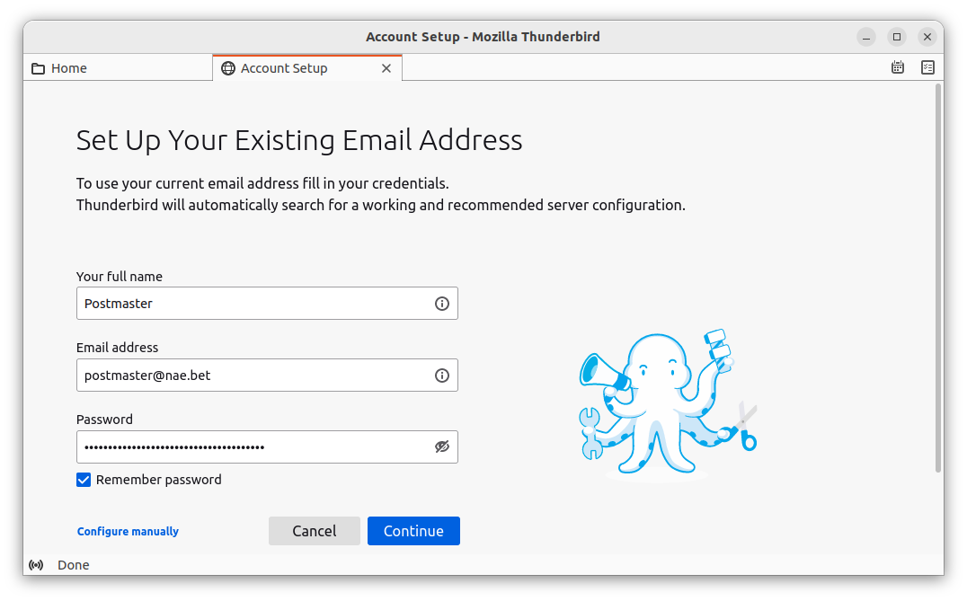 Картинка с Mozilla Thunderbird, с текстом 'Set Up Your Existing Email Address'